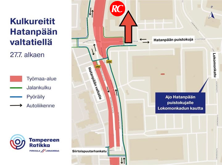 Kartta Hatanpään puistokujan kautta kulkemisesta
